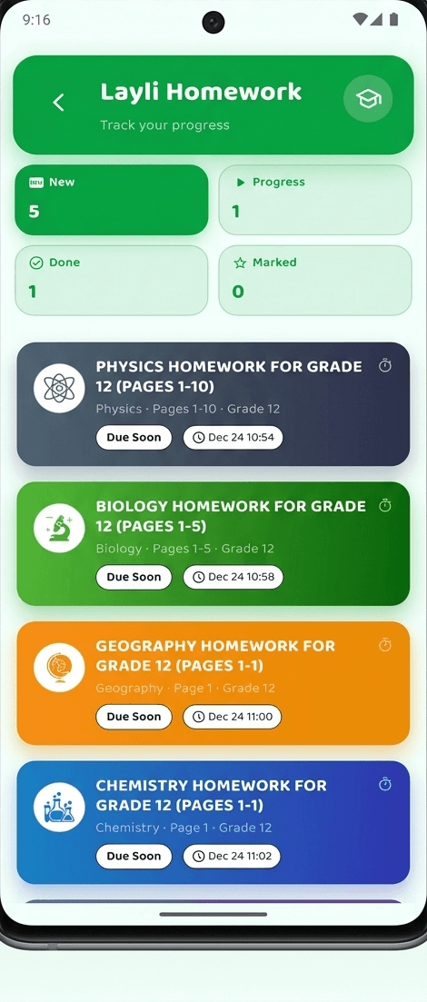 Homework grouped by subject with due dates and counts for new, in progress, done and marked