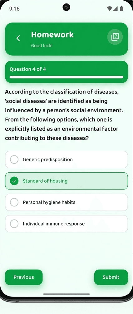A multiple-choice homework question with four options and a progress bar across the top