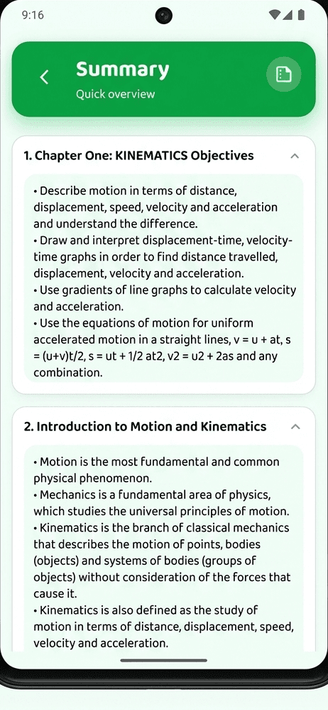 A generated chapter summary listing the objectives and key points of a kinematics chapter